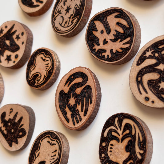 Woodburnt pins