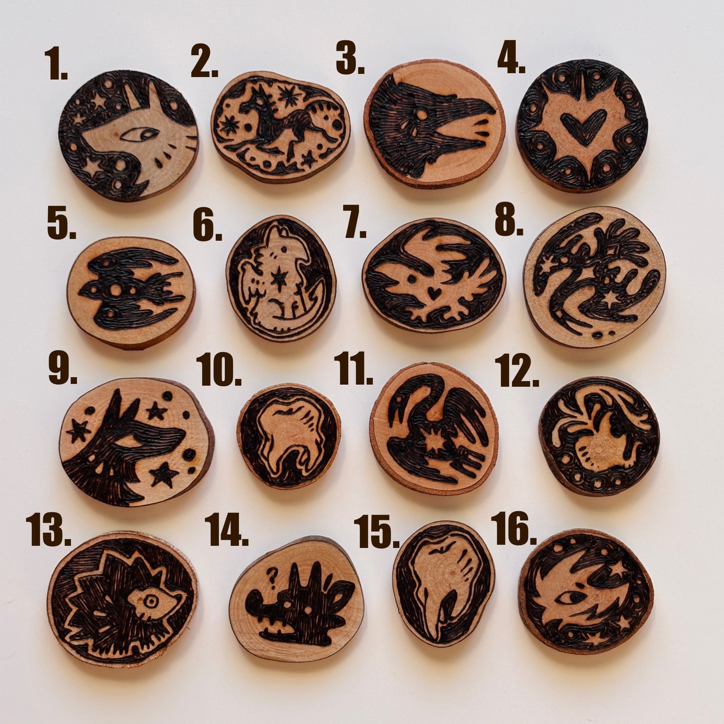 Woodburnt pins